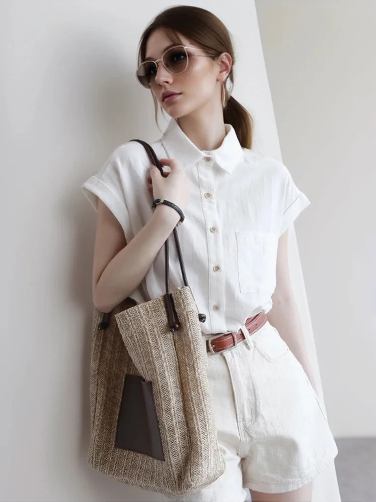 

2025 Summer Short Sleeve Women Basic Cotton White Shirt Korea Style Button Up Turn-Down Collar Work Blouse Female Clothing
