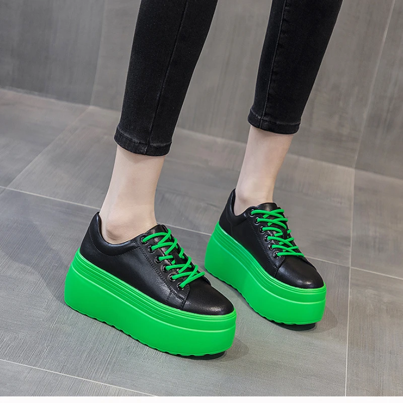 Genuine Leather Women Casual Shoes Super Thick 8cm Platform Wedge  Fashion Sneakers Chunky  Spring Flats Zapados Mujer