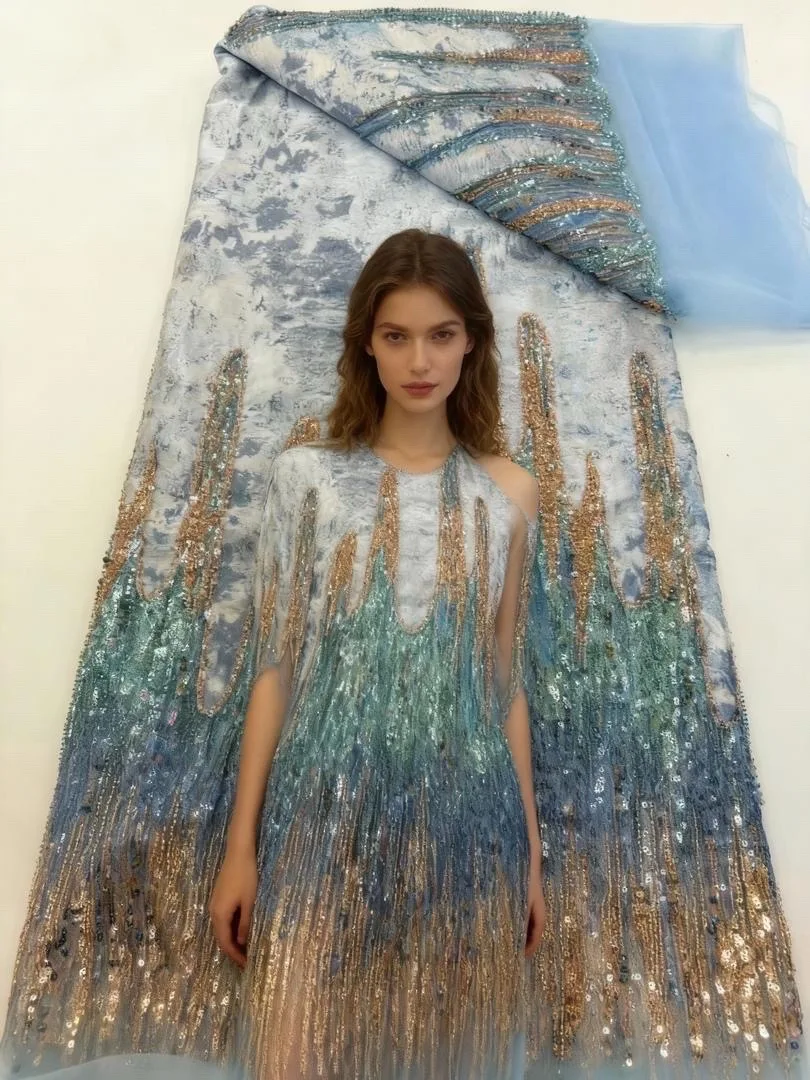 

Luxury Nigerian French Sequins Velvet Lace Fabric 2025 High Quality African Mesh Beaded Lace Fabric For Wedding Party Sew Dress