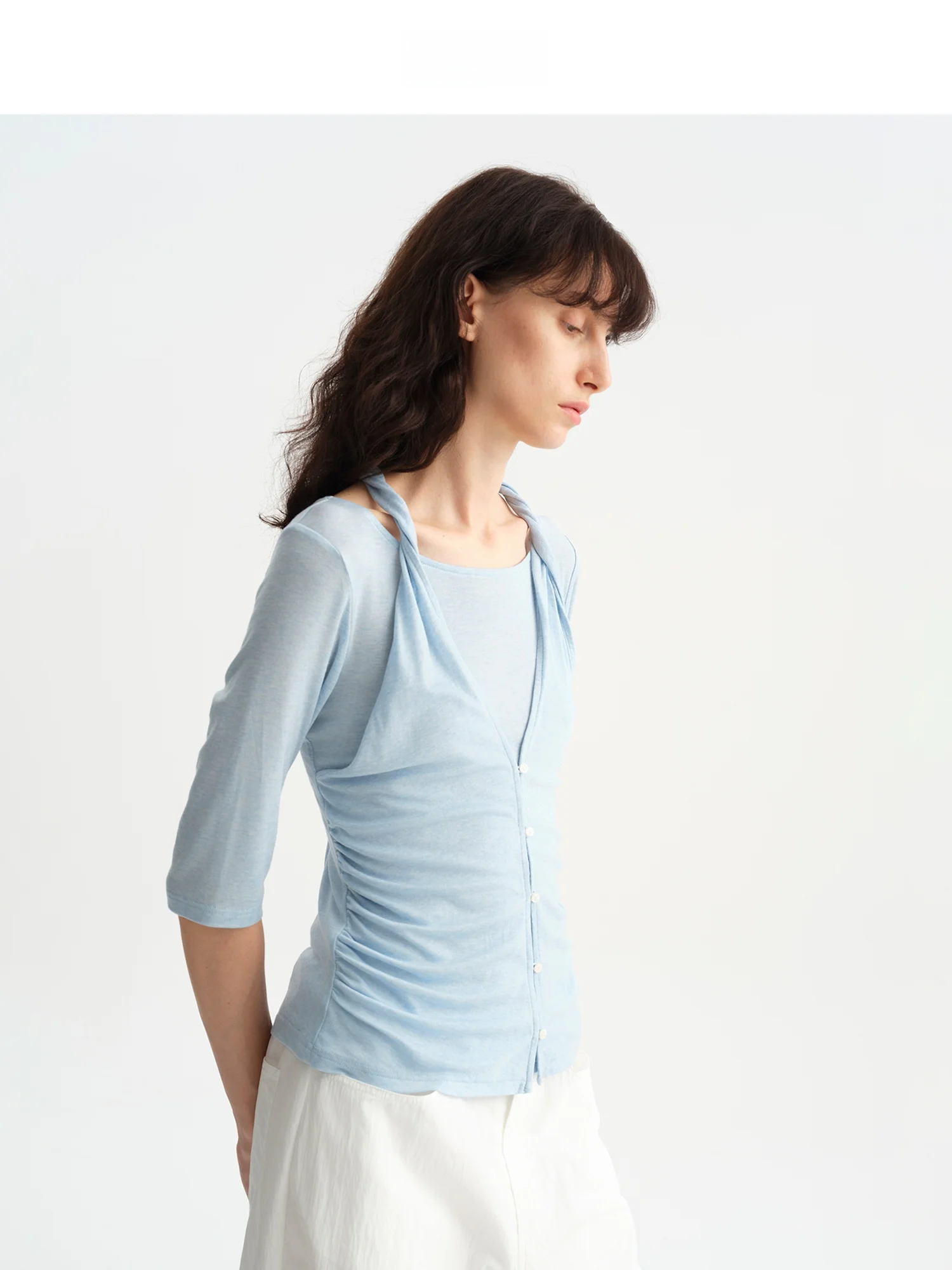  Wool Neck Hanging Knitted Top mid Sleeve Base Layer Sun Protection Fake Two-Piece Knitted Upper Apparel for Women