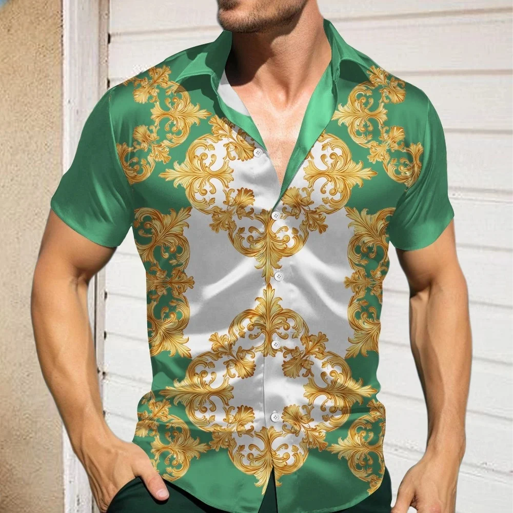 

New men's printed short-sleeved shirt, summer top, men's lapel art pattern Hawaiian shirt, fast shipping