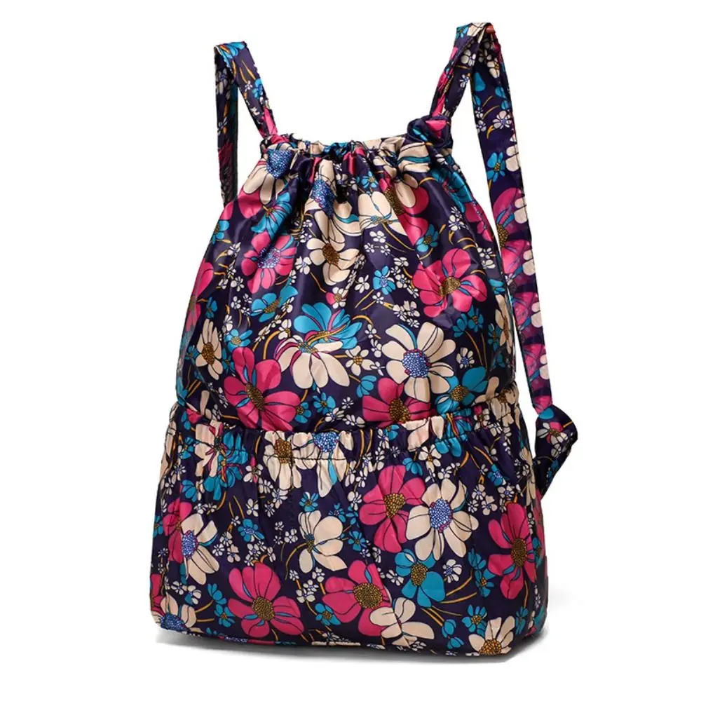 Multifuncional floral impresso Drawstring Bag para senhoras, impermeável, portátil saco de compras, grande capacidade saco de viagem, poliéster Fold