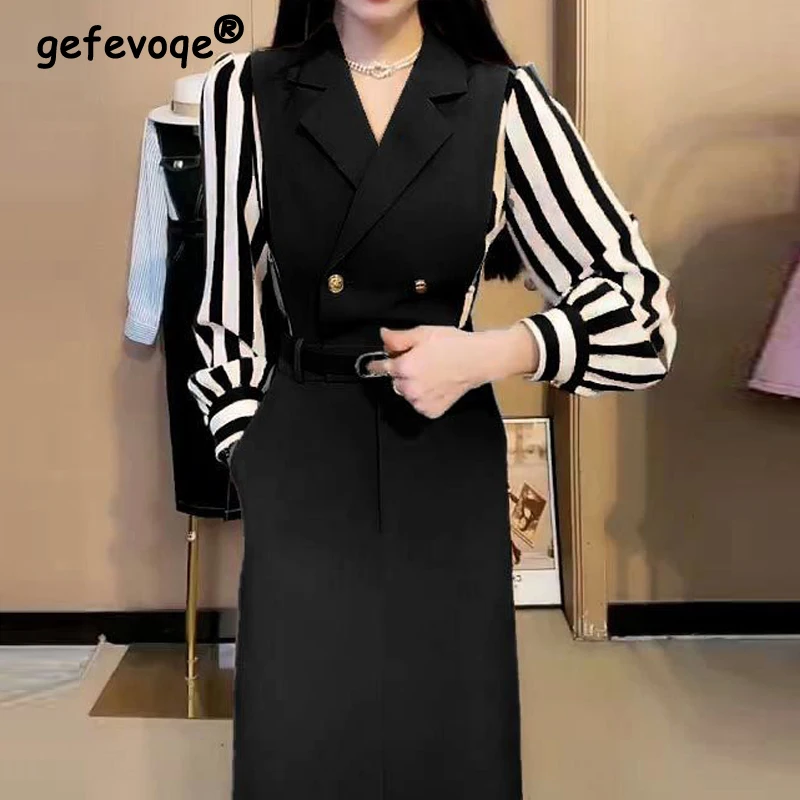 New Women Korean Fashion Elegant Striped Patchwork Fake Two Piece Dresses Vintage Office Lady Commute High Waist Slim Midi Dress