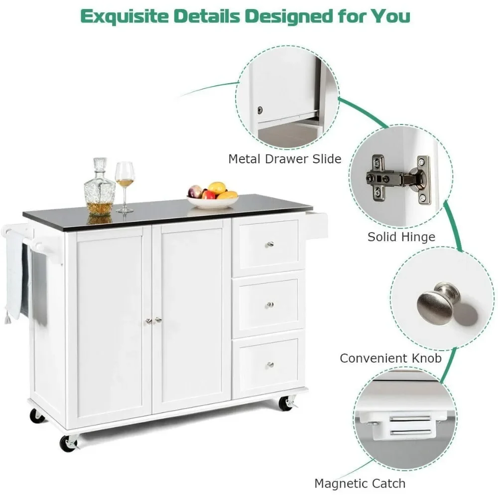 스테인레스 스틸 조리대가 있는 주방 섬, 주방 카트 롤링 트롤리, 수건 거치대 및 향신료 랙, 주방 섬 카트