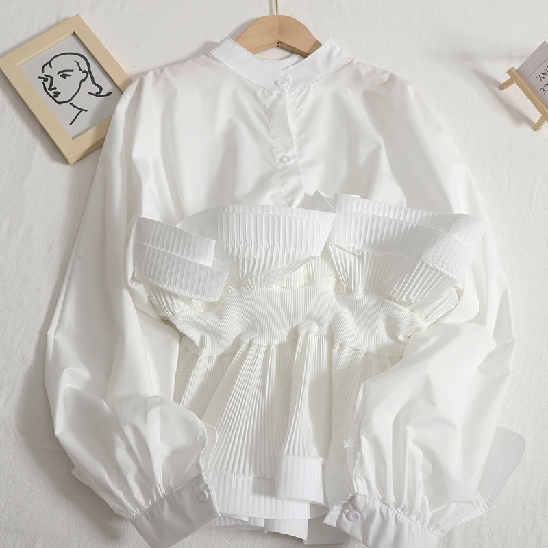 

Ruffles Patchwork Ruched Chiffon Shirt Women Summer Slim Waist Blusas De Mujer 2025 Early Autumn New Long Sleeve Blouses