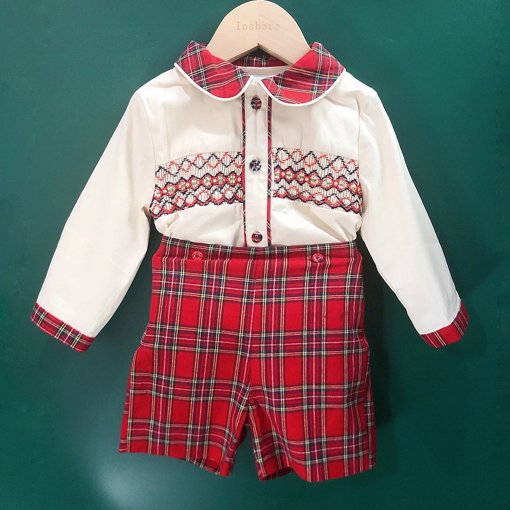 Children Christmas Clothing Boys and Girls Handmade Smocking Set and Dress Siblings Red Plaid Cotton Long Sleeve Holiday Outfits