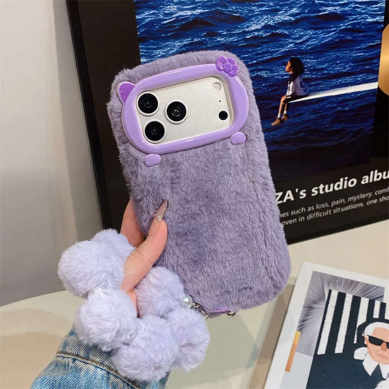 Luxury Solid Colors Furry Plush Phone Case For iPhone 17 Air 16 15 14 12 13 11 Pro Max With Lanyard Shockproof Protective Cover view 6