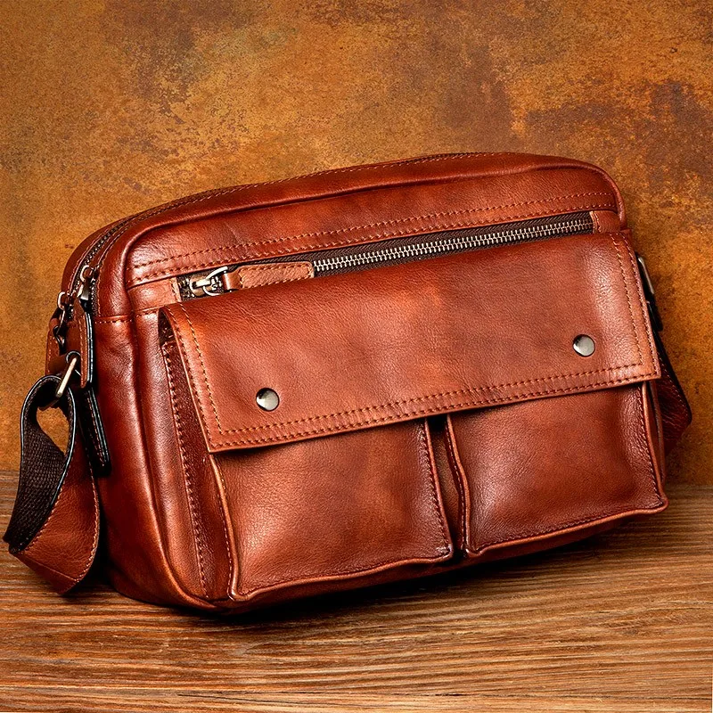 Retro vegetable tanned leather shoulder bag men's leather messenger bag leisure Korean men's bag small backpack