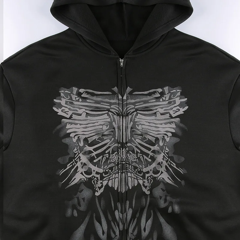 Dark personality printed hoodie female American 2024 new black hooded zipper coat loose casual top