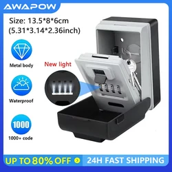 Awapow Metal Password Key Box With Led Light Wall Mounted Large Capacity 4 Digits Storage Keybox Waterproof Anti Theft Safe Box