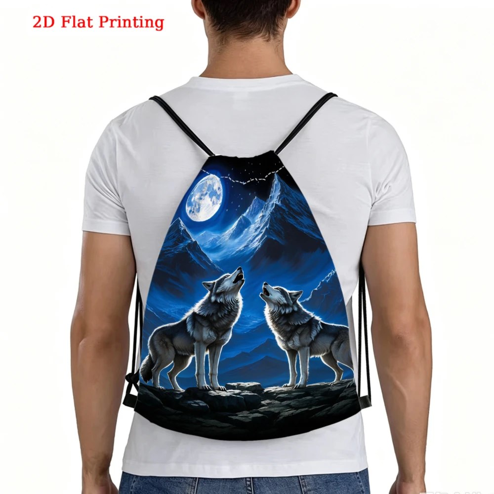 Howling Wolves Moon Mountain Pattern 2D Flat Printing Drawstring Backpack Outdoor Travel Fitness Sports Bag