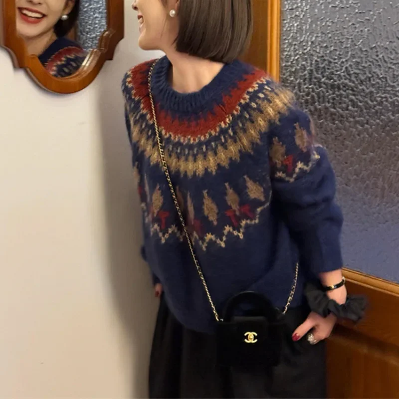 

Elegant Lady Outwear Casual Regular Print Christmas Sweater Long Sleeve Knitted Pullovers Vintage Straight Thick Jumpers