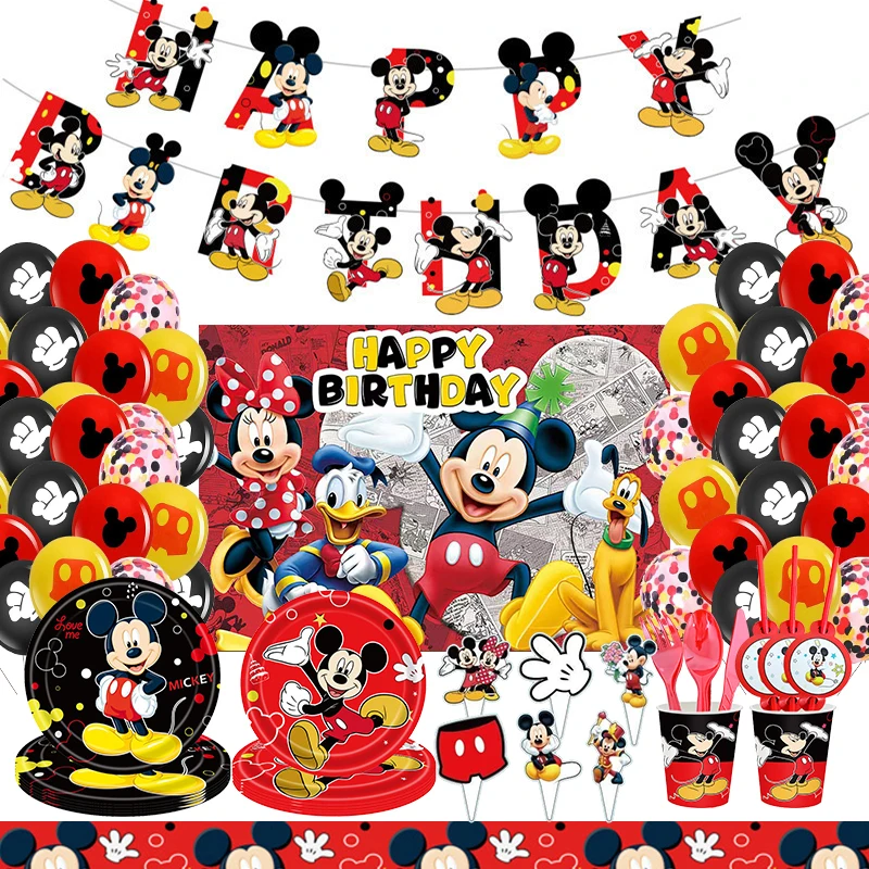 Disney-Decoración de fiesta de cumpleaños de Mickey Mouse, suministros para fiestas, vasos de papel, platos, globos, vajilla, mantel de fondo,