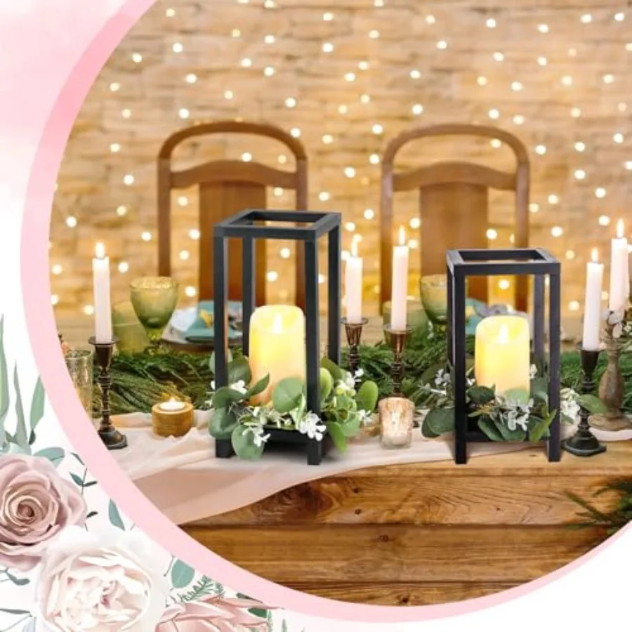 Juego de 12 linternas de madera negras de 10,59 pulgadas y 13 pulgadas para centros de mesa de boda con 12 velas LED y 12 coronas de hojas de eucalipto rústicas