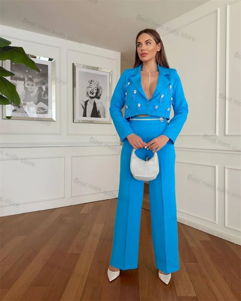 Feather Crystals Blue Women Suit Set 2 Pieces Short Blazer+Pants Formal Office Lady Jacket Wedding Prom Coat Trouser Custom Made