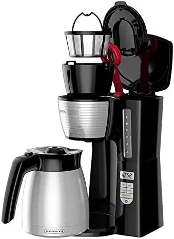 ماكينة صنع القهوة الحرارية القابلة للبرمجة سعة 12 كوبًا، محدد قوة المشروب، تنظيف تلقائي، أسود وفضي