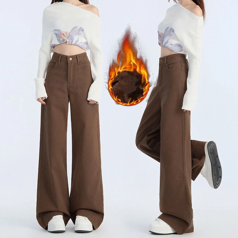 FINEWORDS Vintage Korean Wide Leg Brown Winter Jeans Women Casual Harajuku Cashmere Jeans Streetwear High Waist Warm Baggy Jeans