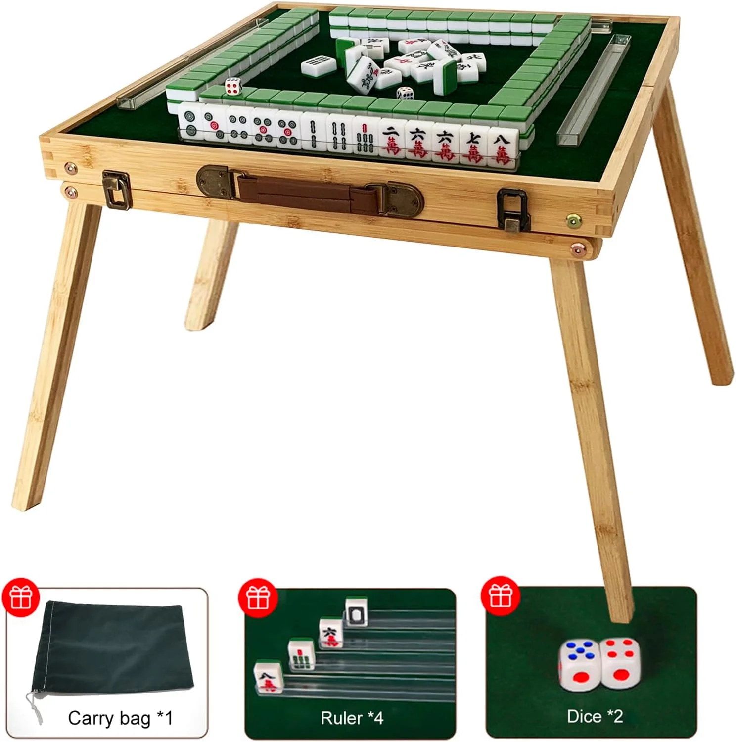 Mahjong Tiles Set with Folding Table for Outdoor Camping Travel, Portable Chinese Mahjong Game Kits,Small Majiang Tiles, Green