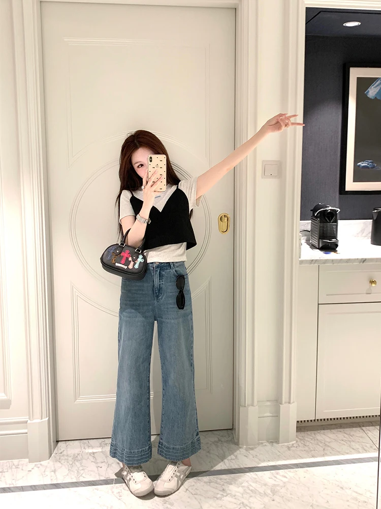 

Джинсы YANUOYU Island Wind Casual прямого кроя, женские универсальные свободные широкие брюки с высокой талией, джинсовые, летние, модные