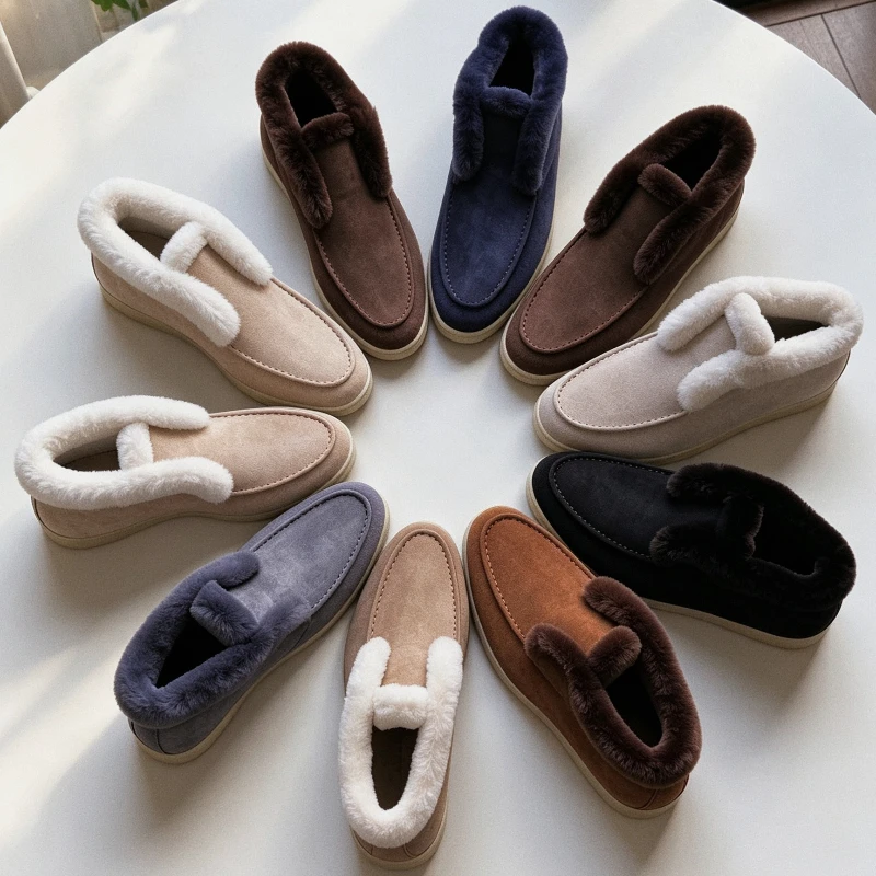 Damen Lederstiefeletten Slip-On Loafer Top 2026 Mode Exquisite Damenschuhe Winterstiefel Bequeme Fellstreifen Wollschneestiefel