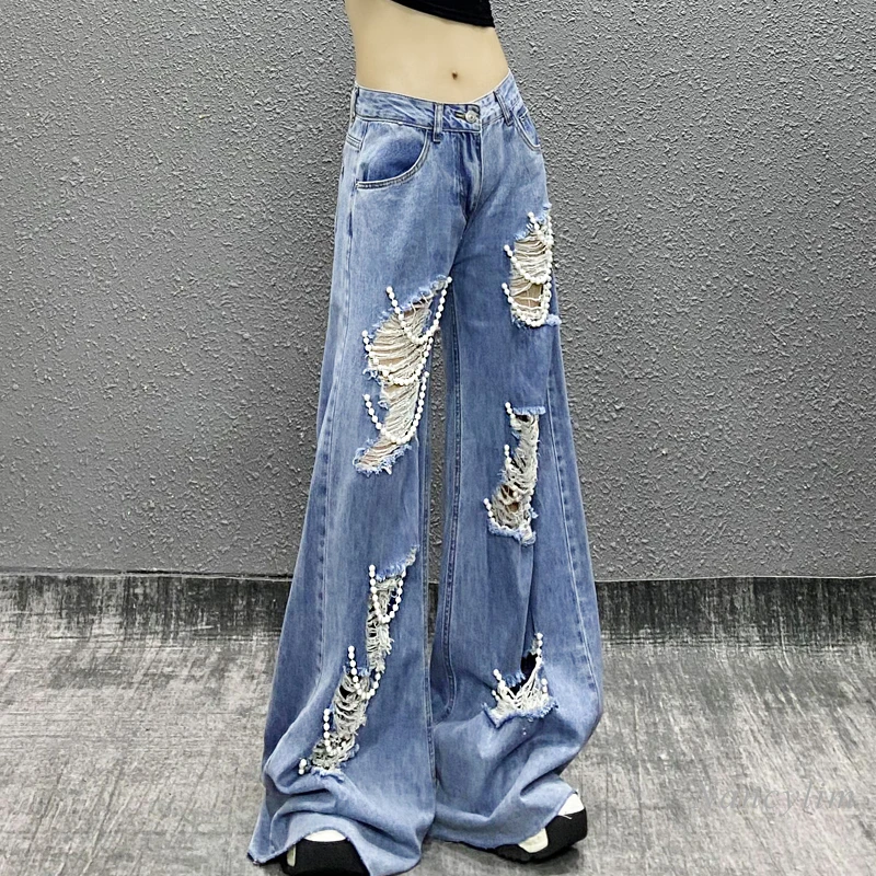 

Heavy Industry Chain Ripped Washed Jeans Women's Summer New High Waist Loose and Slimming All-Matching Straight Wide Leg Pants