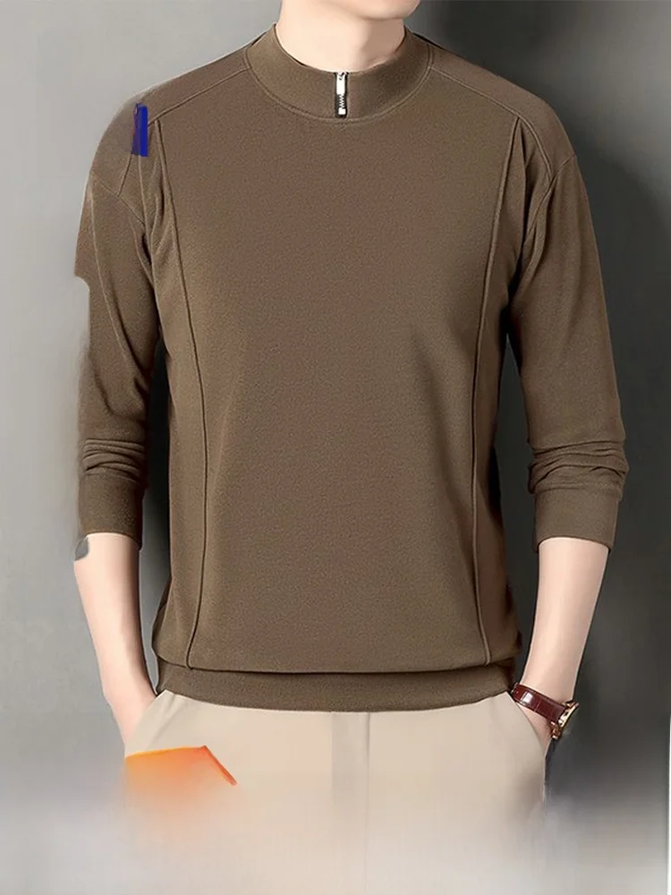 Camiseta Casual de Fleece Dupla Face Romon, Gola Alta com Zíper, Camiseta Masculina para Outono e Inverno