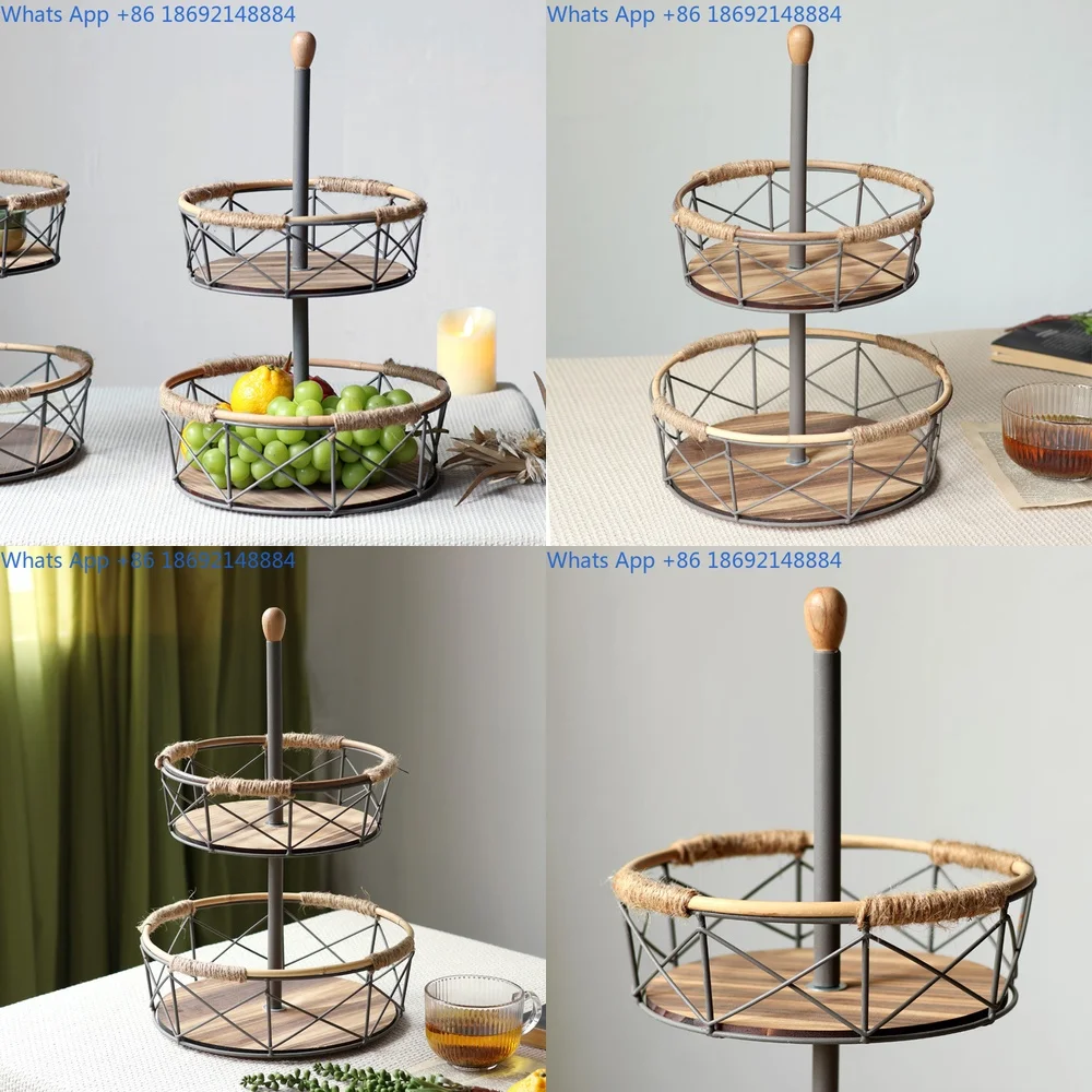 

Wrought Iron Decorative Storage Basket for Home Kitchen Dining Room with Double Layer Design for Fruits Snacks and Daily Items