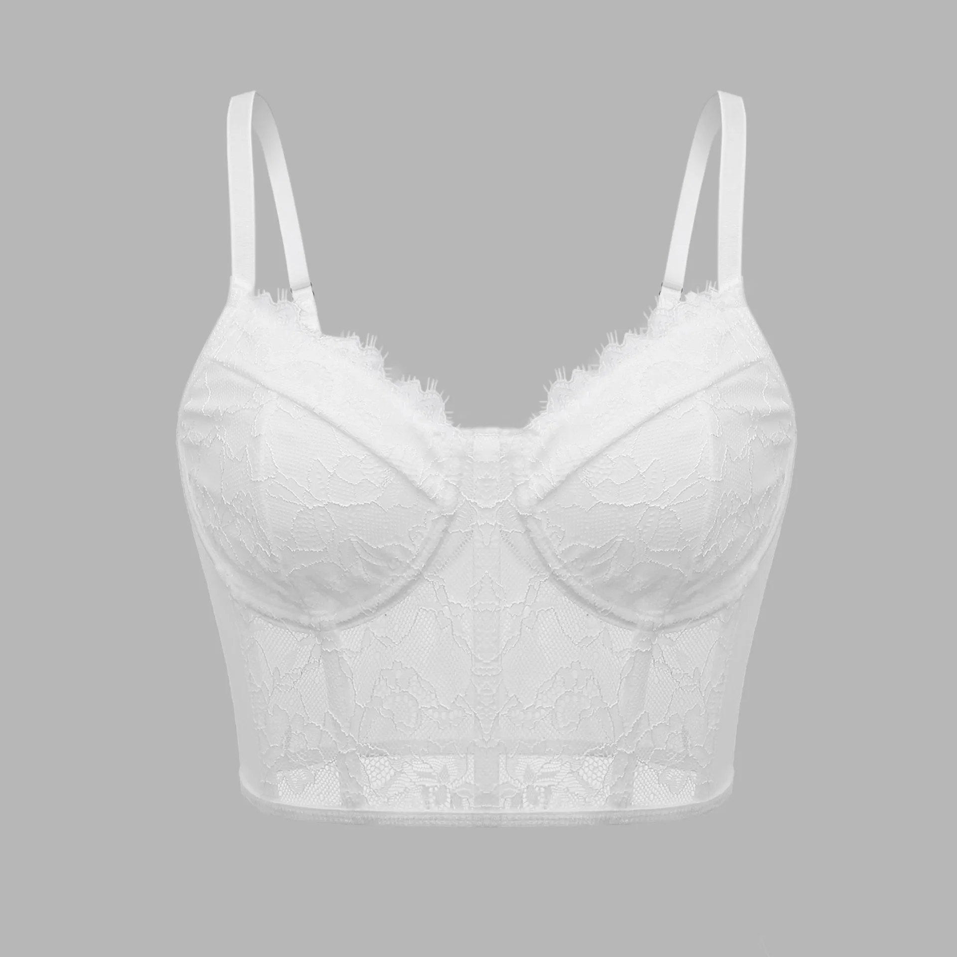 Sexy Lace Fishbone Bustier Crop Top V-Neck Spaghetti Strap See-Through Mesh Tank Top Y2K Streetwear for Women Club Party