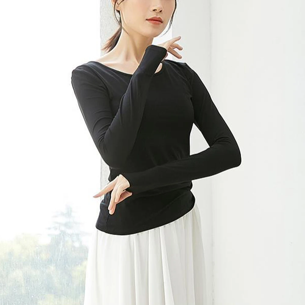 

White Black Elastic Tees O-neck Full Sleeve Slim Shirt Clothes Trendy Daily Girl Modern Dance Sporty T-Shirt Women Clothing Top