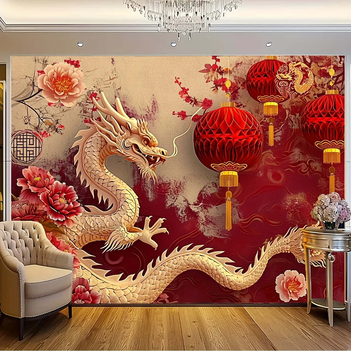 One, Chinese New Year Banner Background Festival Paper Cuttings Flower New Year Lantern the Year of the Loong Party