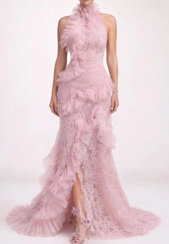 Customized Pink Lace Mermaid Evening Dress Halter High Neck Tulle Ruffles High Slit Formal Party Gown for Women