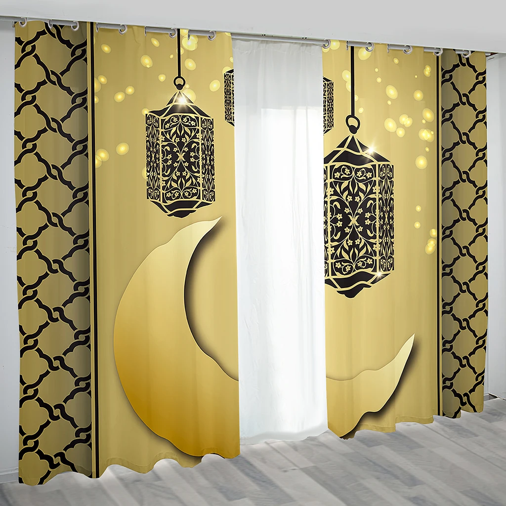 

Luxury Eid Ramadan Moon Lamp Festival Muslim Sunshade Curtains Islam Islamic Living Rooms Bedroom Decor Curtain 2Pcs Rod Pocket