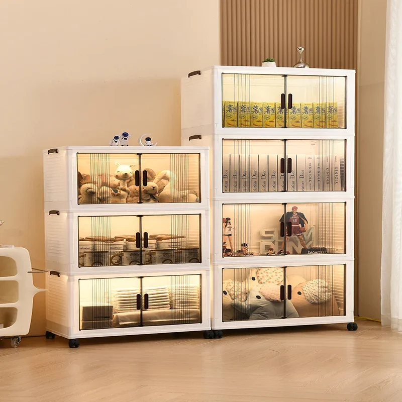 Folding Plastic Storage Bins with Lids Stackable Cabinet Organizer with Caster Wheels Collapsible Toy Storage with Double