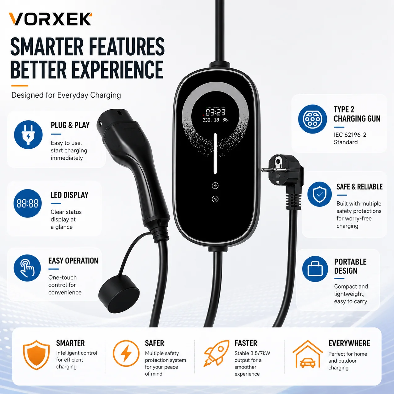 VORXEK Portable EV Charger Type 2 16A 32A 3.5kW 7kW 11kW APP Control EVSE for Tesla Model 3 BYD Atto 3 Geely Geometry C PHEV