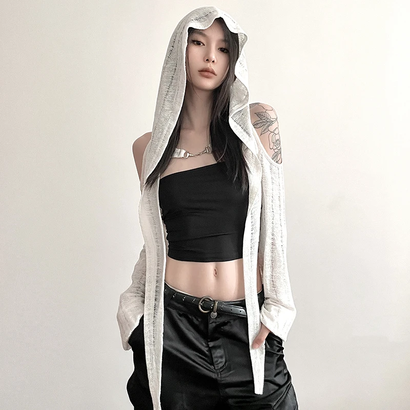 Designer Punk Street Style Homemade Hollow-out Hooded Blouse Trendy American Solid Color Hollow-out Long Sleeve T-shirt