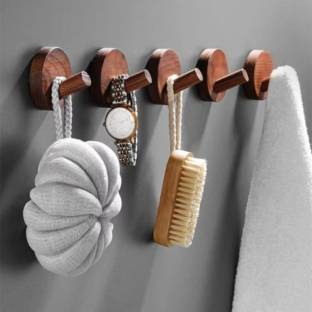 

4pcs Beech Walnut Wood Wood Hook Solid Wood Simple Design Wall Hook Punch Free Wood Handle Towel Hook Home Decoration