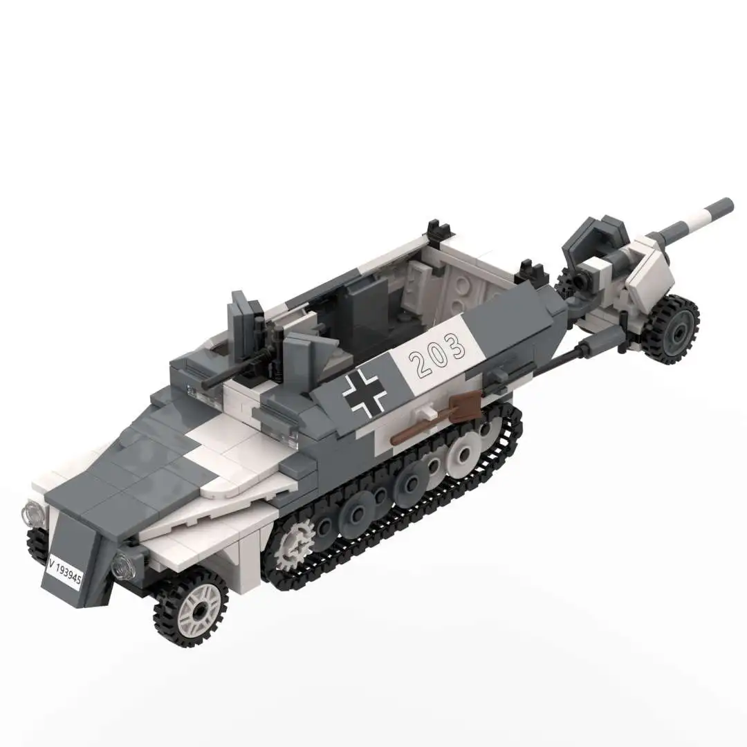 WW2 German Army SdKfz 251 Ausf D Armored Half Track Carrier with Pak40 Anti-Tank Gun Camouflage Military Block Toy