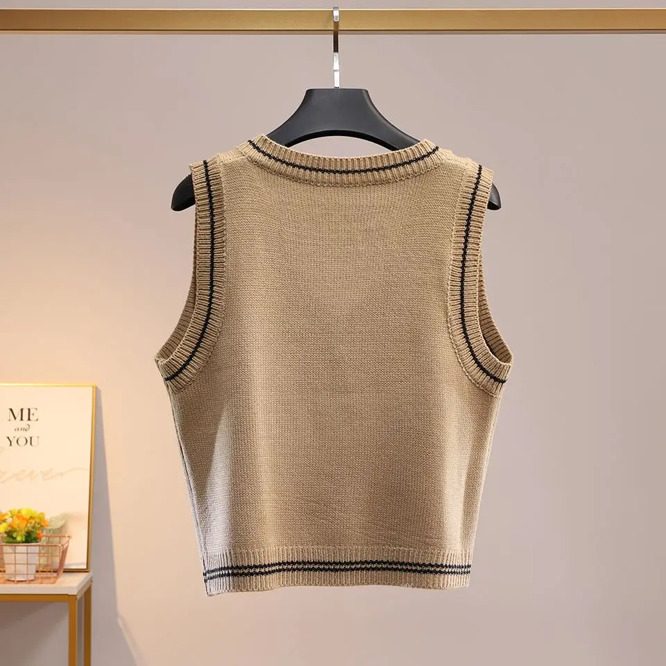 Autumn New Preppy Style Embroidered V-neck Sleeveless Sweater Vest Female All-match Patchwork Knitting Pullover Tank Top Women\'s