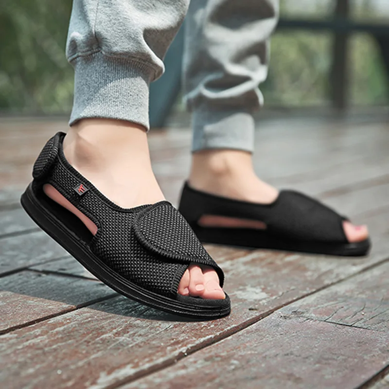 Summer dew toe diabetic shoe female foot swollen feet wide magic stick shoes thumb outside the middle-aged old Men\'s sandal