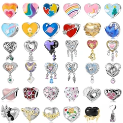 Cartoon 925 Sterling Silver Heart Shaped Rainbow Puzzle Fusion Drop Beads for Charms Bracelet Pendant Diy Bracelet Birthday Gift