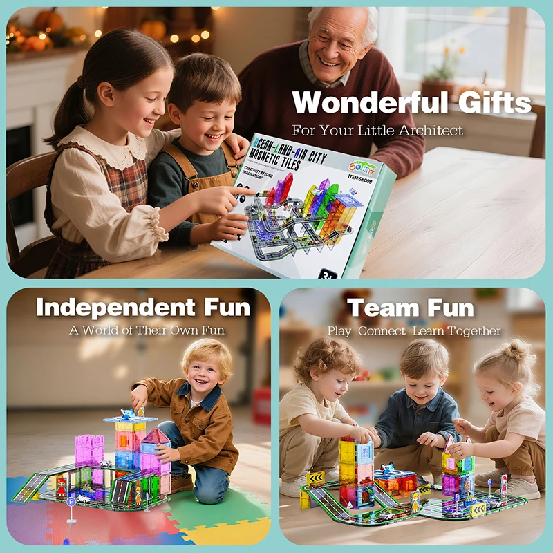 الأرض البحر والهواء موضوع البلاط المغناطيسي 121 قطعة بلاط مغناطيسي الطريق بناء لعبة تعليمية مع علامة مرور طائرة السفينة للأطفال