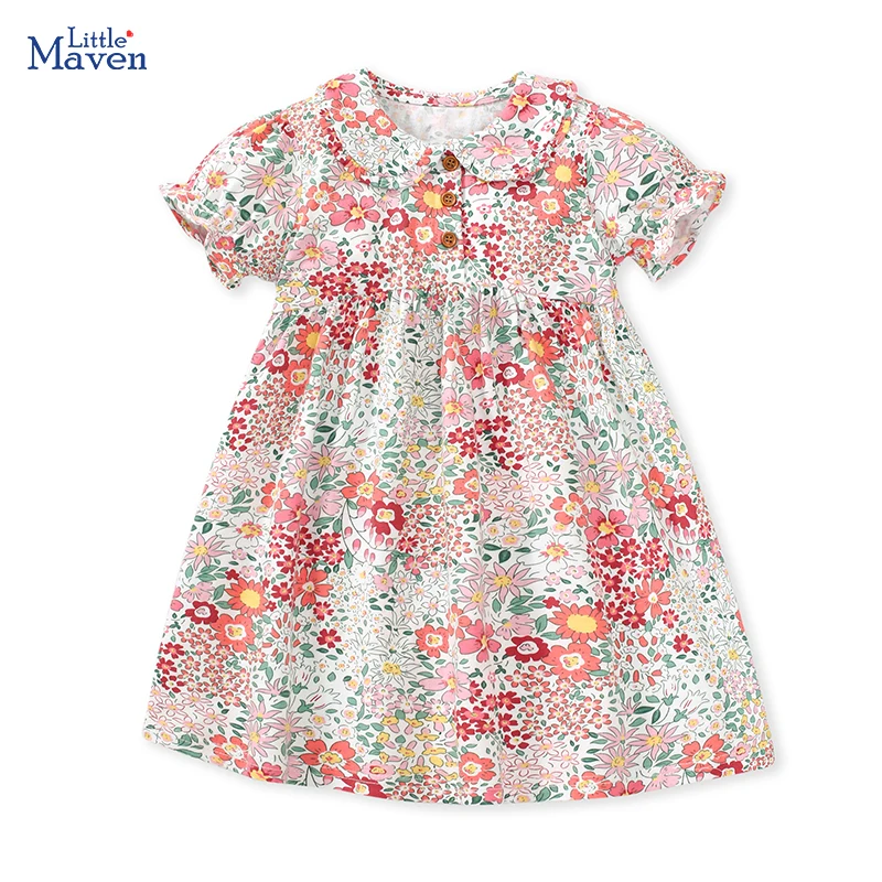 Little maven Girls Party Prints Dresses for Girls Summer 2024 Cotton Children's Clothes Flowers Kids Dresses Costumes