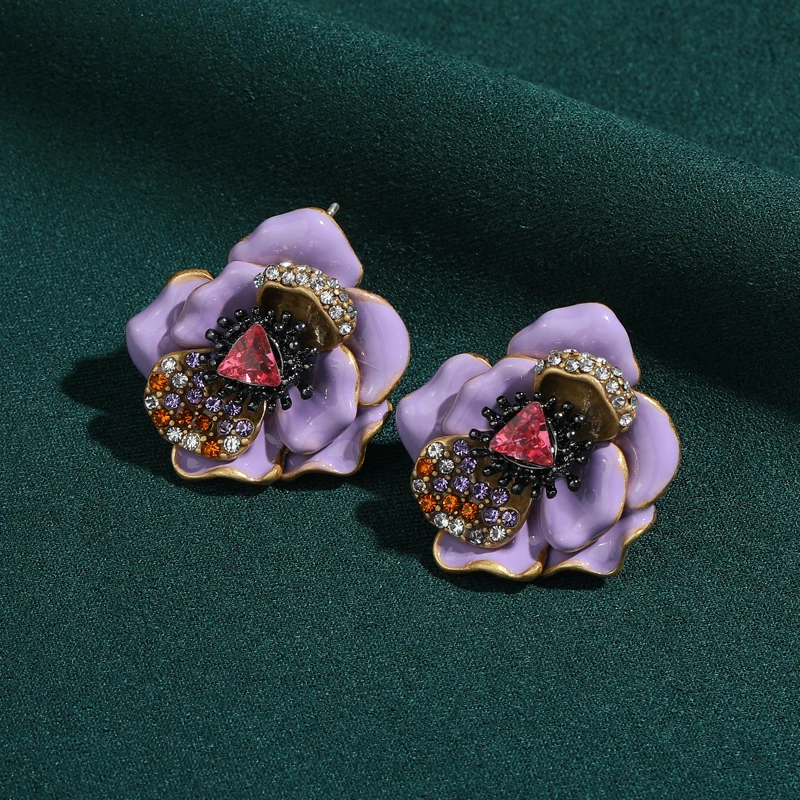 

Vintage Natural Stone Flower Stud Earrings Purple Enamel And Pink Crystal Designer Elegant Luxury For Girls 2026 Valentine Gifts