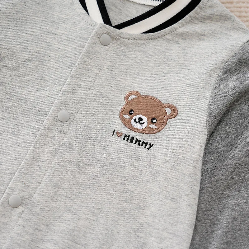 BabyBoys And Girls Cute Newborn Bears Embroidered Children’S Baseball Jersey Solid Color Spring And Autumn Long Sleeved Jumpsuit