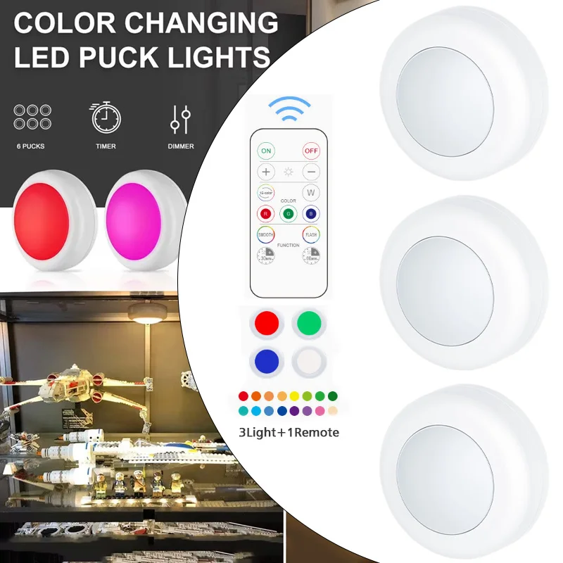 

RGB Color Under Cabinet Lights Wireless Battery LED Lights Remote Control Dimmable Wardrobe Night Lamp For Bedroom Kitchen