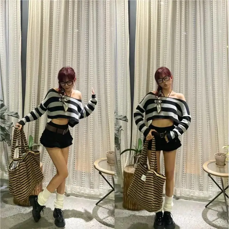 Long Sleeve Top Knitted Korean Style Crop Sweaters Off The Shoulder Tops Cute Clothes Sexy Black Grey Striped Knitwears New In