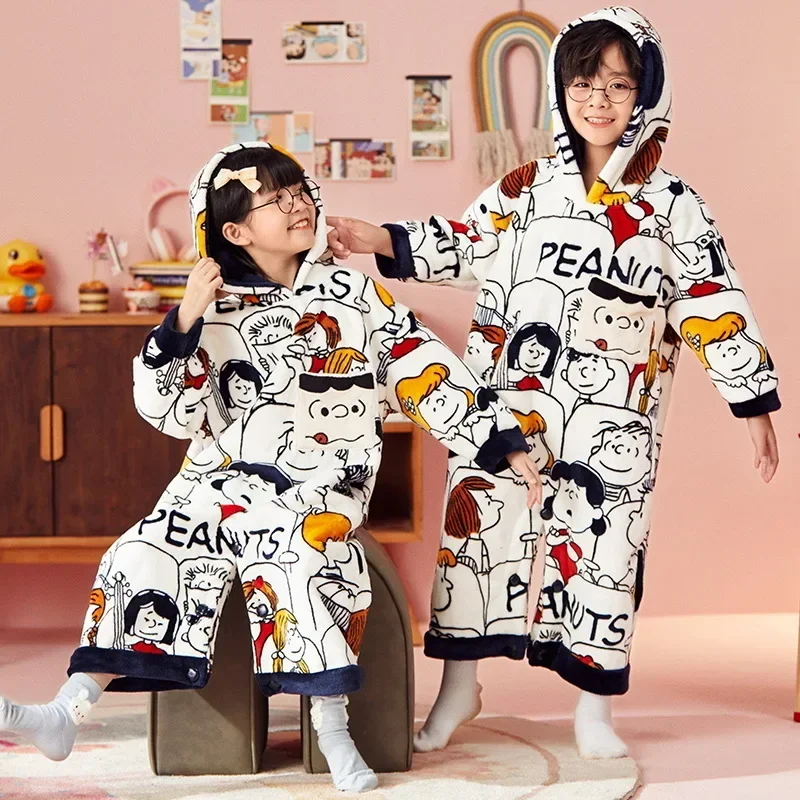 Winter Autumn Cute Cartoon Printed Hooded Pajamas Set Kids Outfits Warm Soft Unisex Sleeping Bag Costume Sleepwear for Children