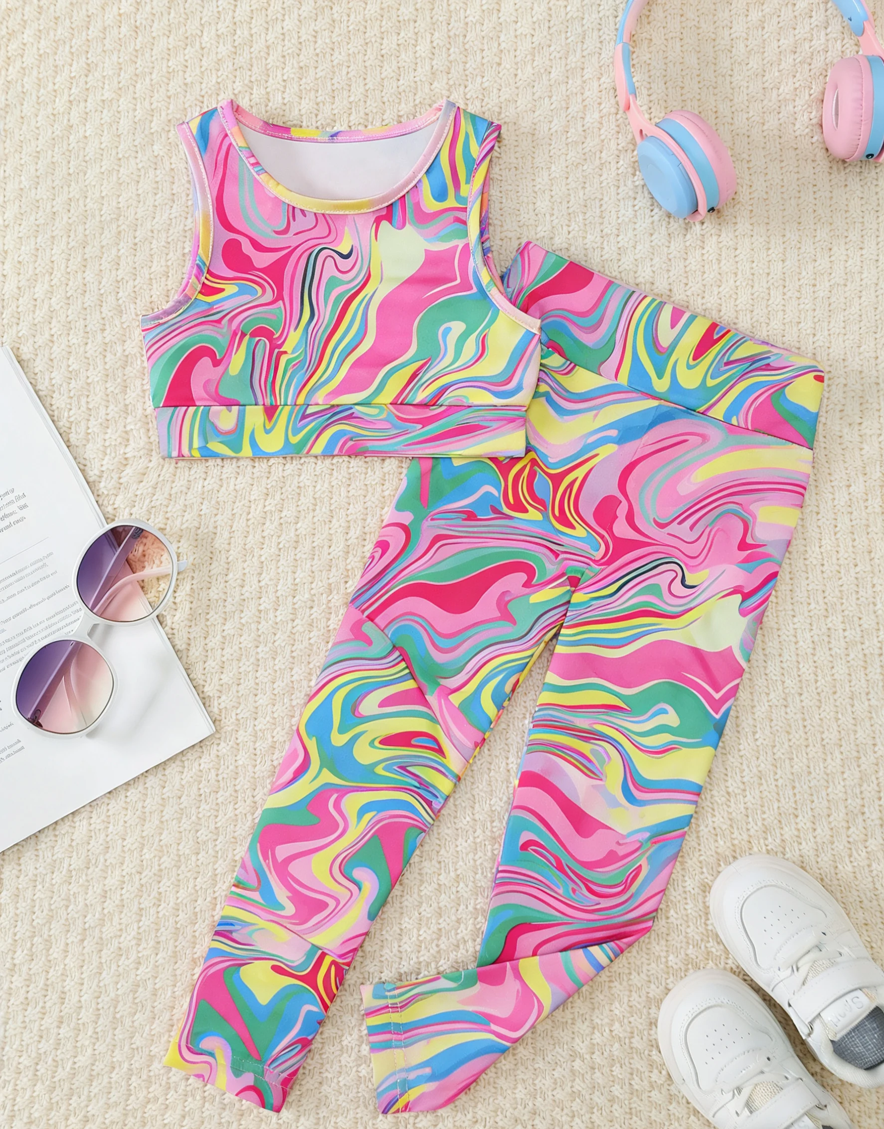YZ013 Girls' Printed Yoga Sports Tank Top Training Fitness Set Running Workout Outfit for Kids