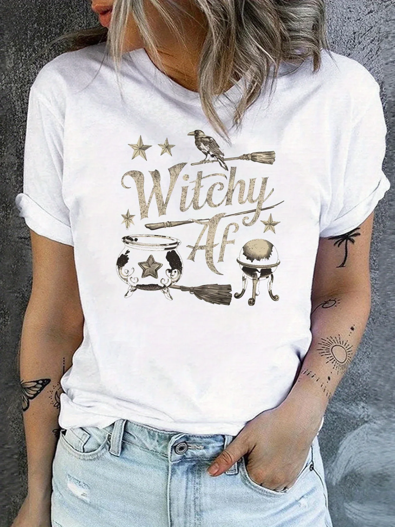 Raven Cauldron Witchy AF Print T-Shirt, Casual Crew Neck Short Sleeve T-Shirt for Spring & Summer, Women's Clothing