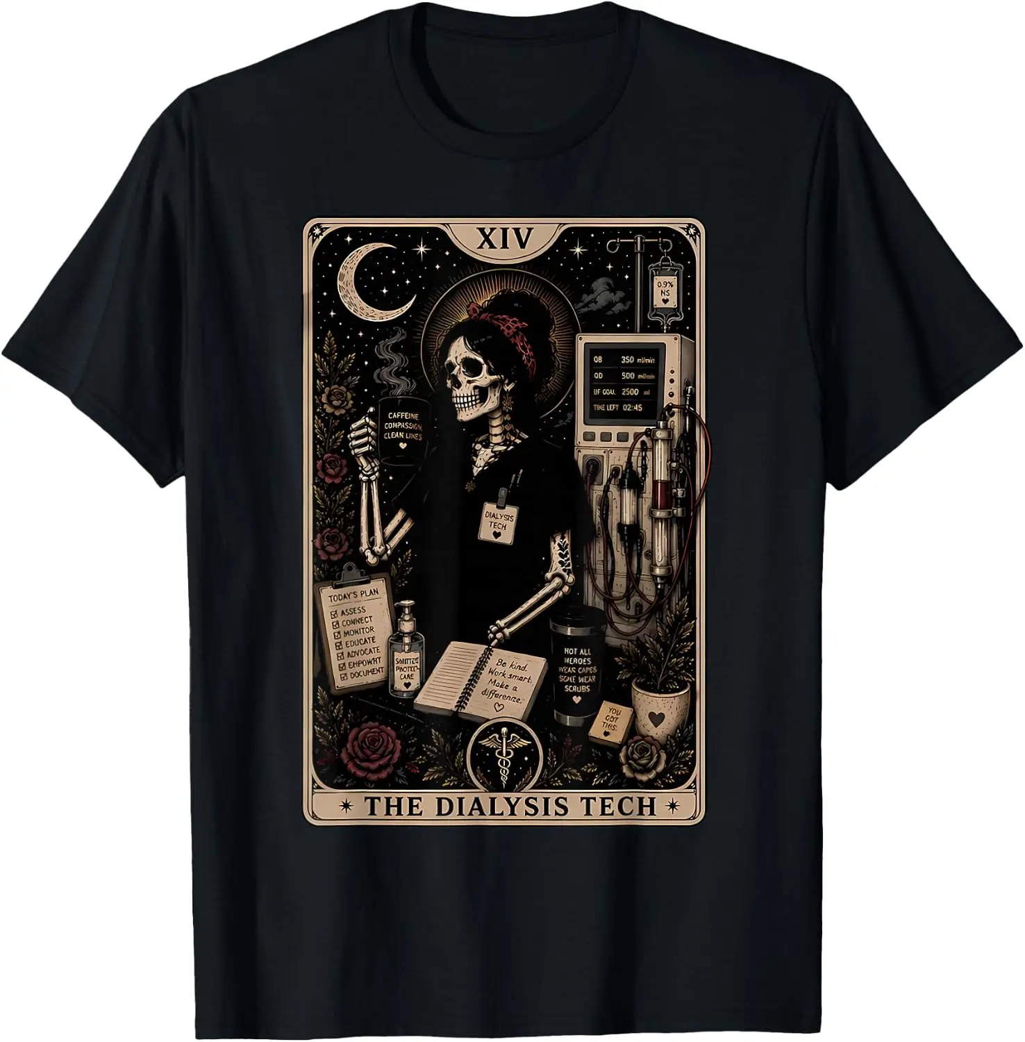 Dialysis Tech Tarot Card Skeleton Nephrology Nurse Halloween T-Shirt Men Women Unisex Novelty Graphic T‑Shirt, Classic Crew Neck 100% Cotton Tee, Lightweight Anti‑Pilling Breathable Casual Tops, Year‑Round Daily Outfit, Holiday Birthday Present Tee